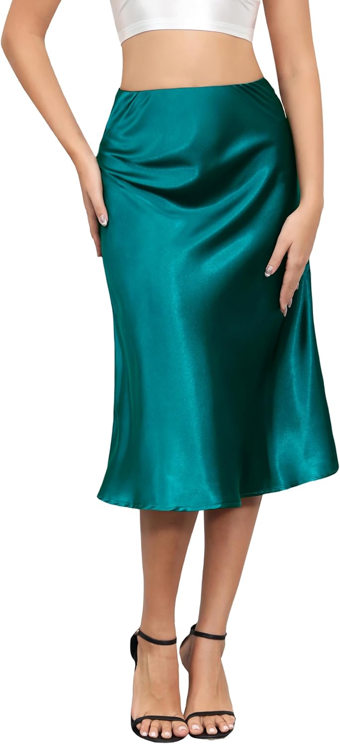 ALCEA ROSEA Womens Satin High Waisted Silky Midi Skirt Elastic A-line Skirt for Wedding Party Work