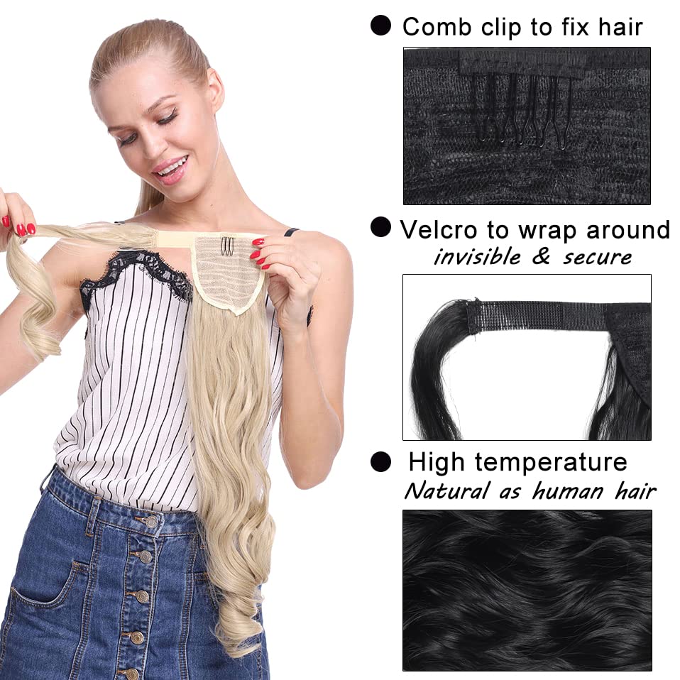 FAELBATY Ponytail Extension Long Curly Wave Magic Paste Black Ponytail Extension Wrap Around Ponytail Hair for Women Heat Resistant Synthetic Hair Ponytail(20Inch 1B#) - Image 4