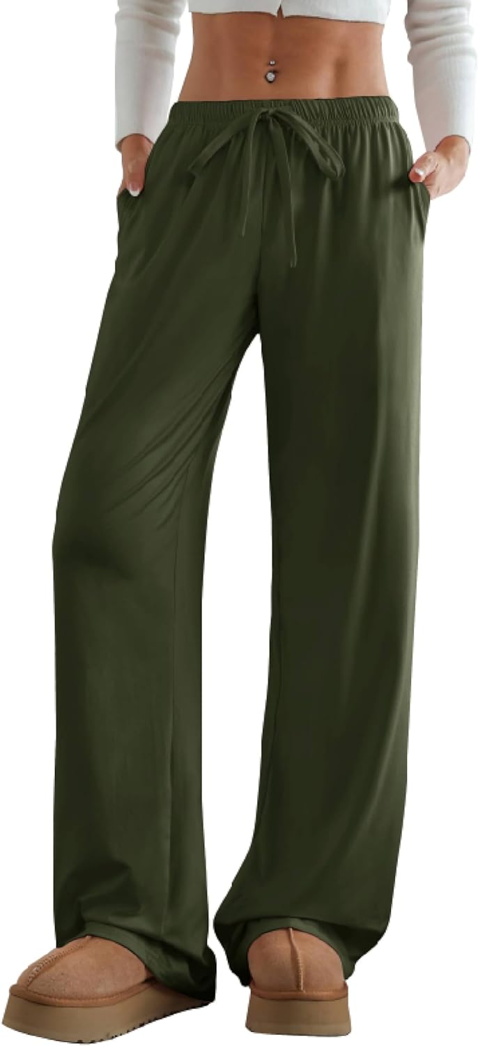 Aoulaydo Women's Wide Leg Lounge Pants Low Rise Baggy Pajama Bottoms with Pockets Y2K Pjs Bottoms