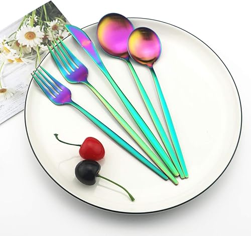 Miniatura 23 de Juego de 30 cubiertos de acero inoxidable 304 chapado en negro titanio, juego de cubiertos con acabado satinado, incluye cuchillo de cena, cuchara