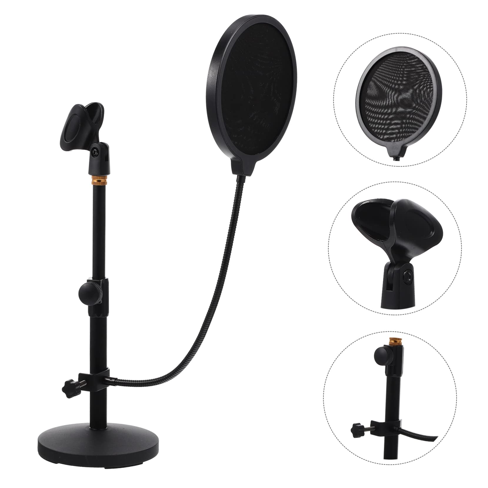 UPKOCH Soporte de Micrófono Ajustable para Escritorio Negro (290-395 Mm) con Clip y Filtro Antipop, Base Metálica Estable para Podcast, Grabación y Streaming