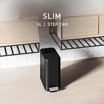 simplehuman Slim Step Can, 5L / 1.3 Gallon Compact Bathroom Trash Can, Liner Pocket, Sleek Internal Hinge, 150,000-Step All-Steel Pedal, Lid Shox Silent Close, Matte Black Steel