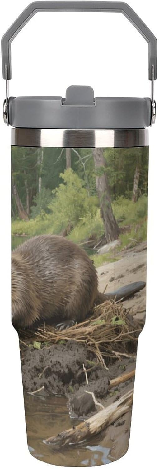 30 Oz Insulated Mug with Handle Lid And Straw Beavers Building Nests Pattern Large Metal Sports Bottle Great for Gifts Parties Office Coffee