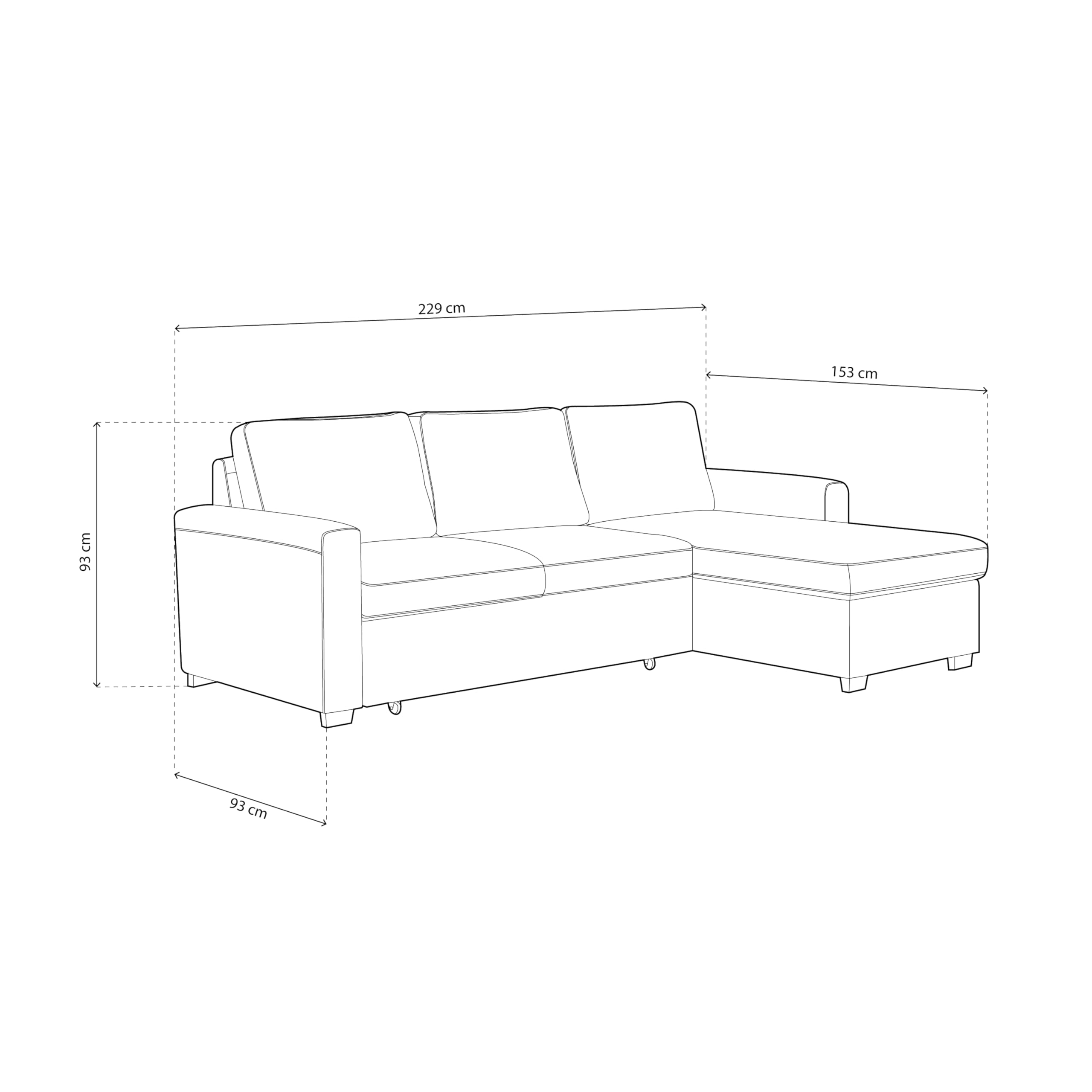 duehome | Sofá Cama 3 Plazas Reversible y con Almacenaje, Sofa con Chaiselong, Modelo Saira, Acabado en Tejido Gris, Medidas: 229 cm (Largo) x 93 cm (Alto) x 93-153 cm (Fondo)