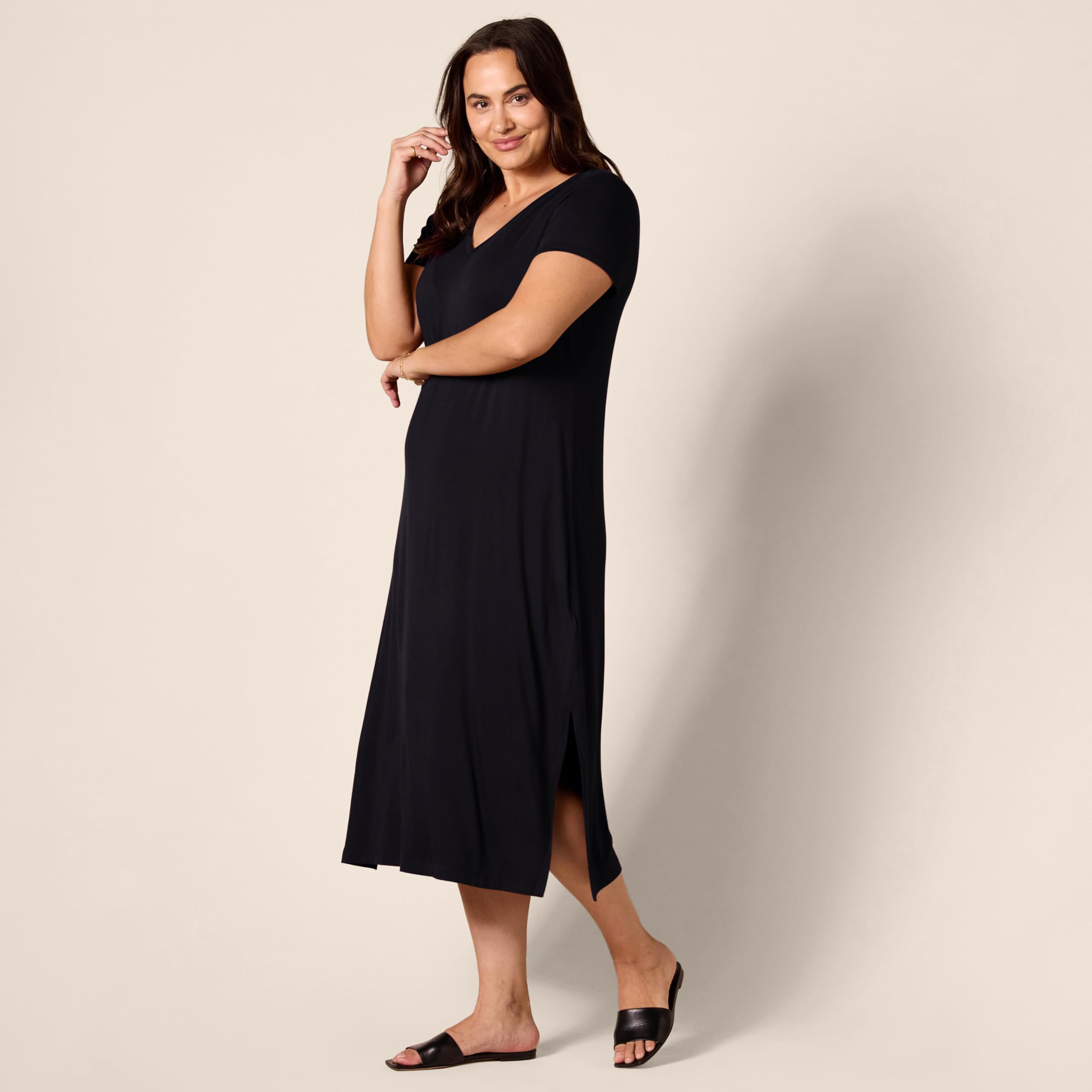 Amazon Essentials Vestido Midi de Punto de Manga Corta con Escote en Pico Mujer