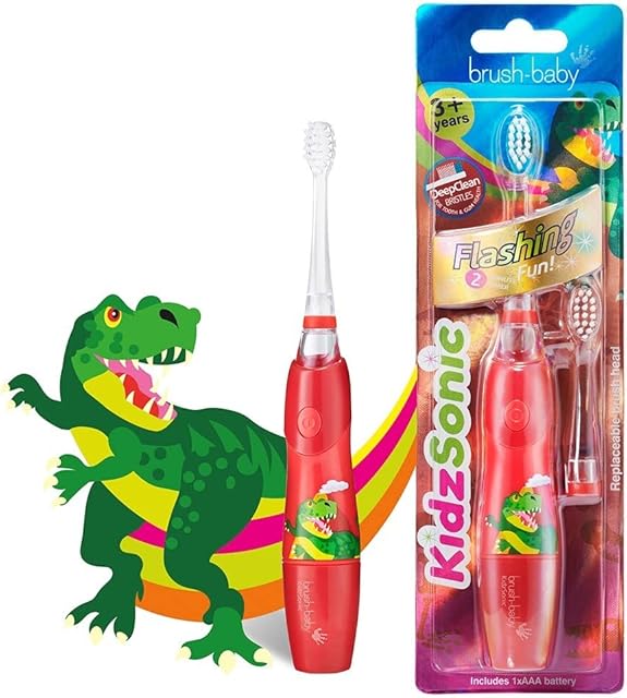 Brush Baby KidzSonic Toddler and Kid Electric Toothbrush for Ages 2- 3 - 4 - 5 - 6 -7 - 8 - 9 Ideal for 2 and 3+ Years - Disco Lights, Gentle Vibration, and Smart Timer - Dinosaur