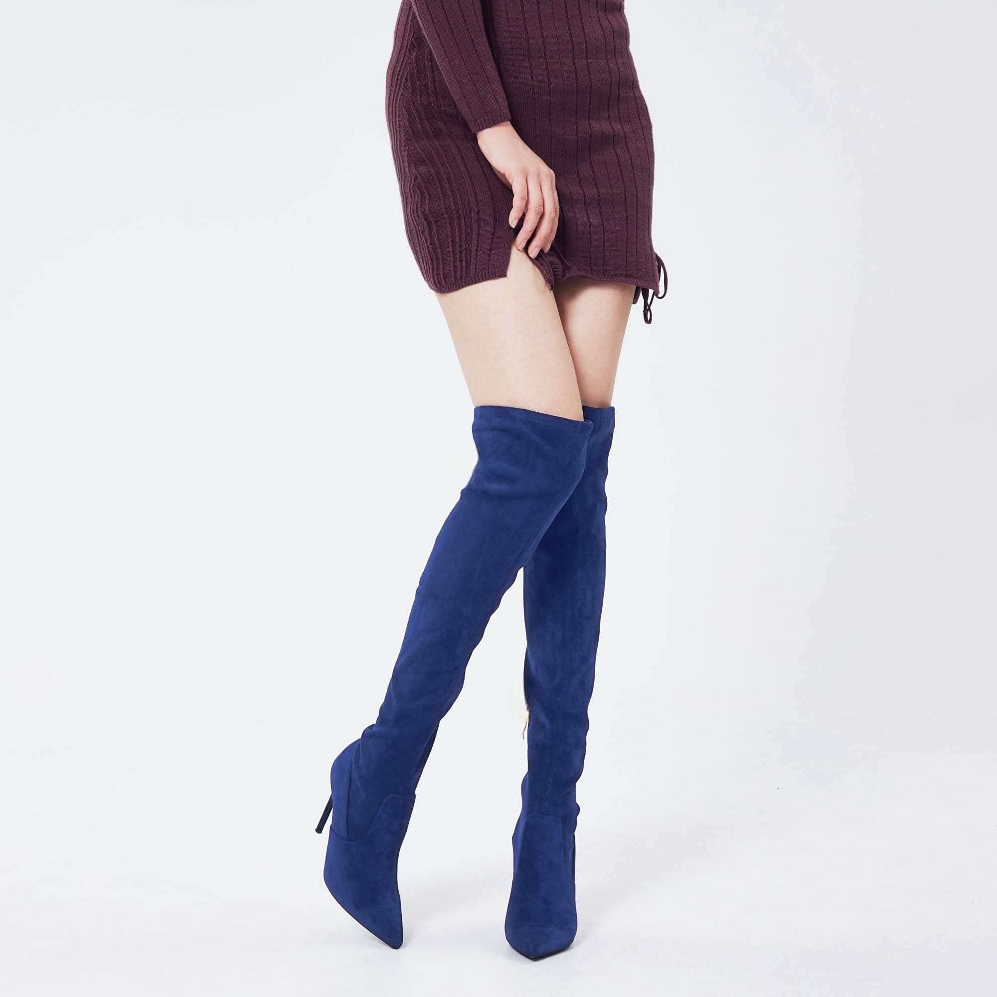 GENSHUO Botas altas hasta el muslo para mujer con tacón de 11 cm de alto, piel de ante sintética, punta sexy, botas largas con tacón de aguja