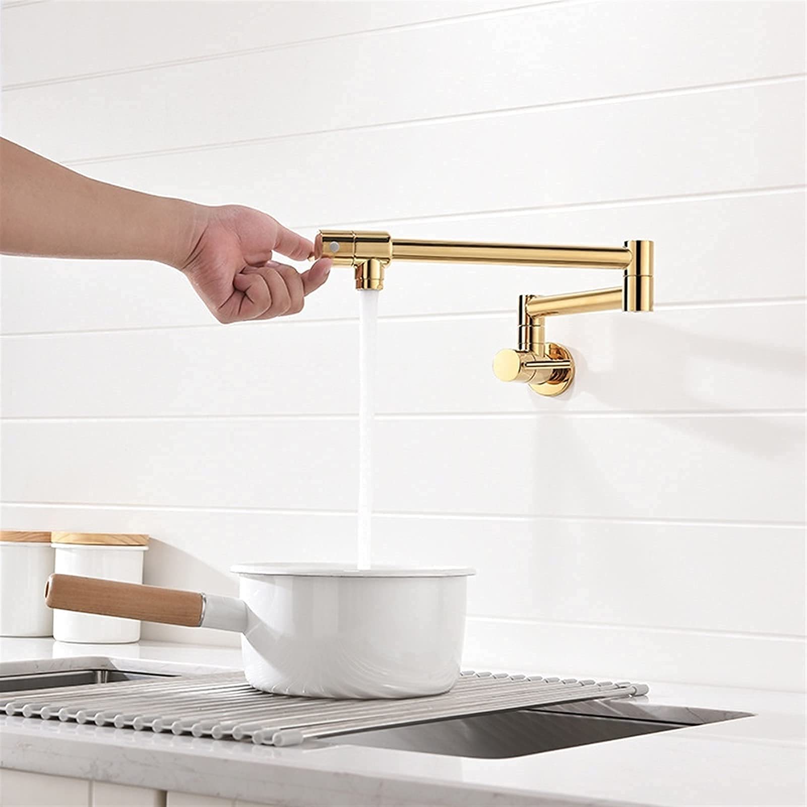 Rubinetto Pieghevole in Bronzo A Parete per Acqua Calda, Rubinetto per Acqua Cromata con Maniglia Singola, Finitura Nera Anticata E Oro,