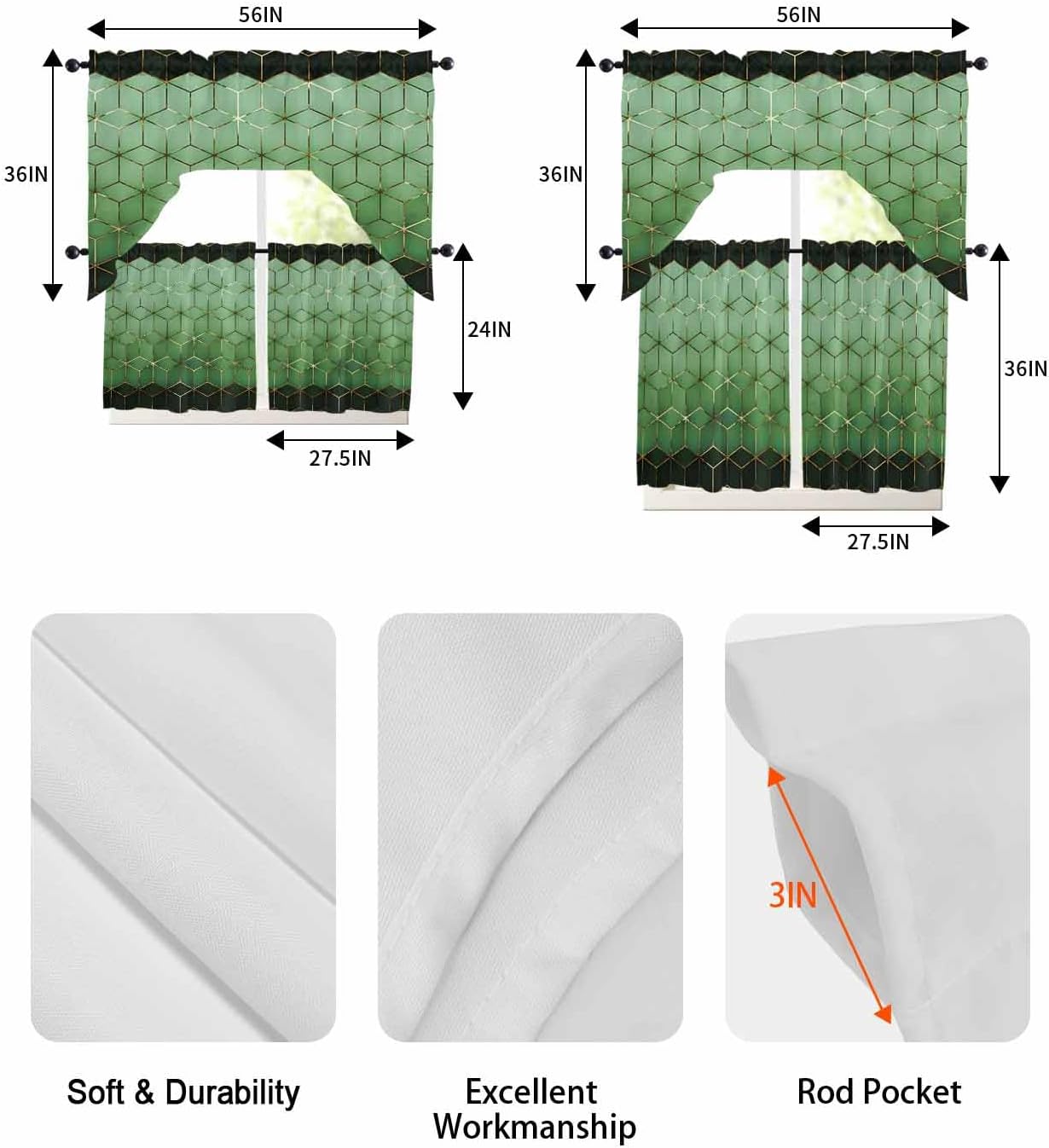 Savannan Kitchen Curtains Tiers and Swag Valance Set, Spring Sage Green Cubes Geometric Abstract Black Gold Rod Pocket Short Window Curtain for Bathroom Bedroom Cafe, 3 Pieces 36 Inch Long