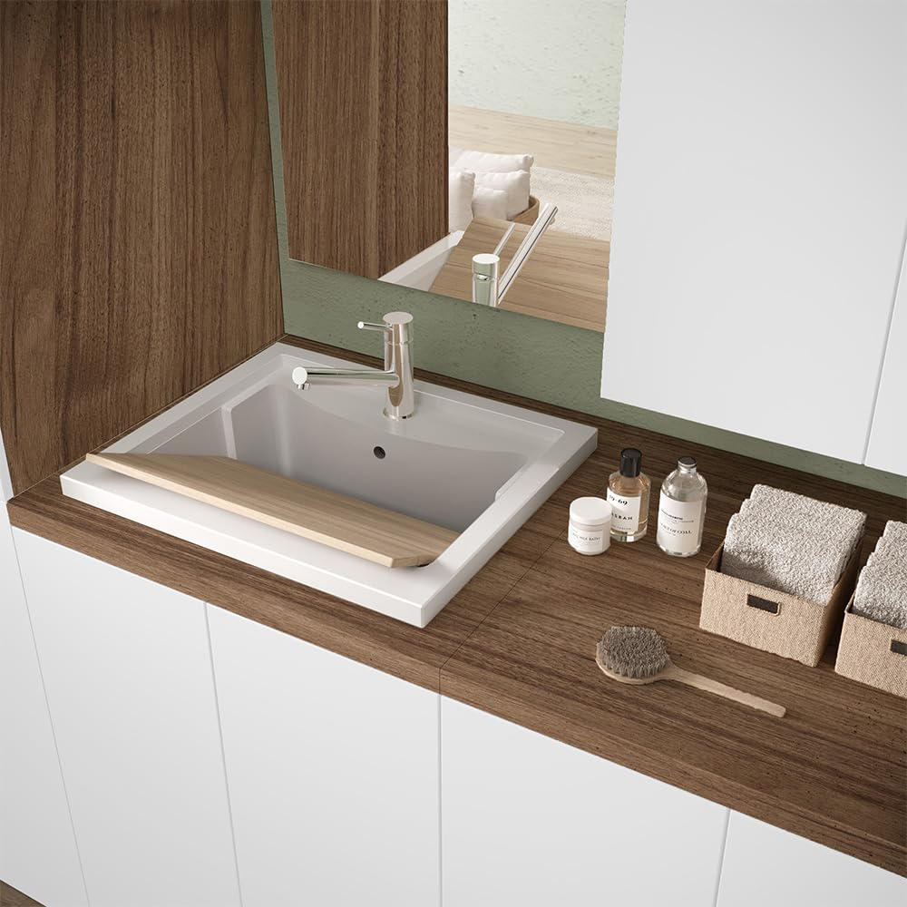 Mobile lavatoio 71x65 cm bianco e legno con vasca in resina e ripiano interno, in kit di montaggio con sifone e piletta di scarico incluso, WANDA