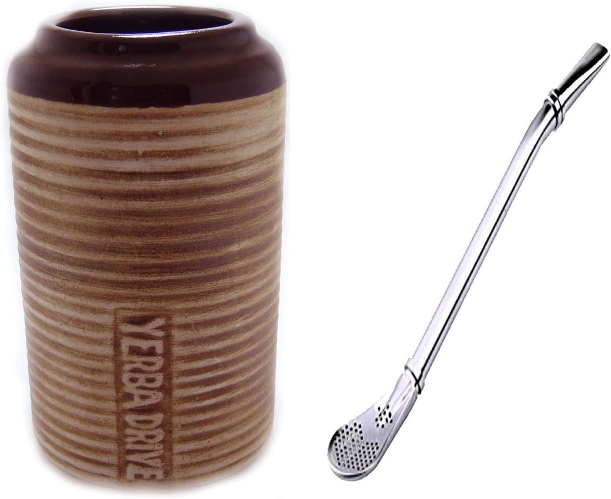 Ceramic Mate mug for car cup holder with stainless steel Bombilla