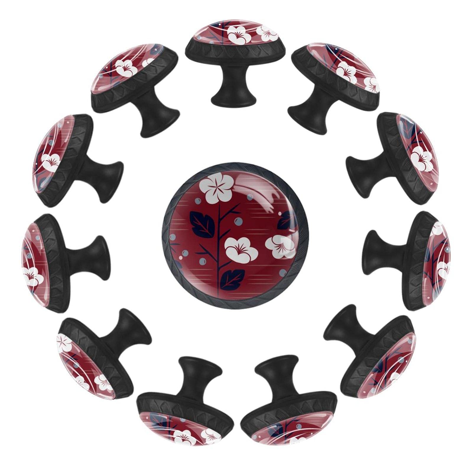 Boutons de tiroir ronds japonais fleurs rouges 35mm lot de 12 pour commode