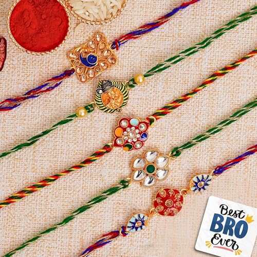 Image of eCraftIndia Set of 5 Designer Rakhis for Brother Bhaiya Bhai | Best Bro Ever Fridge Magnet | Raksha Bandhan Rakhi Combo | Roli Chawal Pack