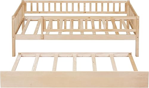 Miniatura 8 de Sofá cama individual con nido, marco de cama infantil de madera tamaño individual con valla, cama nido individual para niñas, niños, cama de