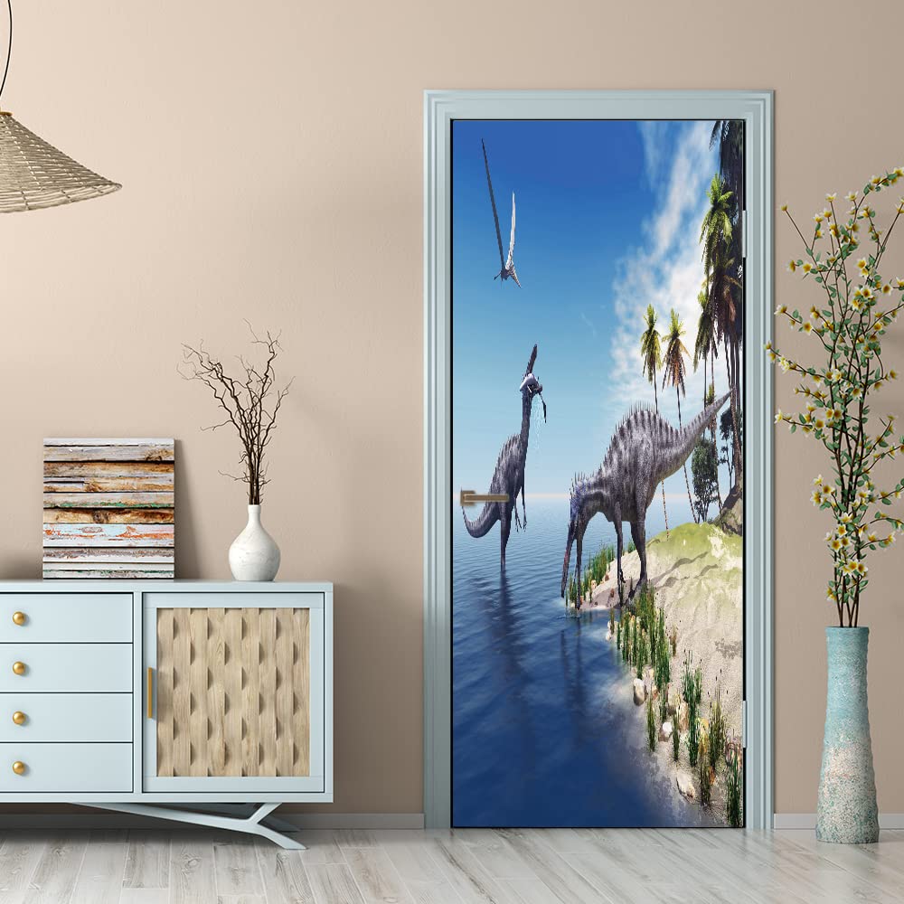 Poster porte trompe l'oeil intérieur dinosaures en 3D papier peint mural PVC 95x215 cm