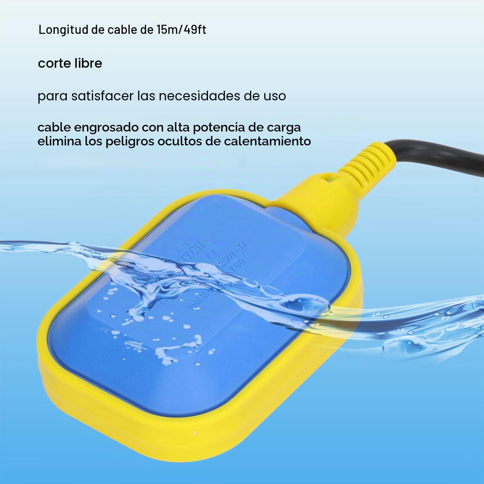 Interruptor de Flotador de Cable de 15 M / 49 Pies, Controlador de Nivel de Agua Líquida Fácilmente Ajustable, Interruptor de Flotador de Sensor de Nivel de Agua No/NC de Control Automático