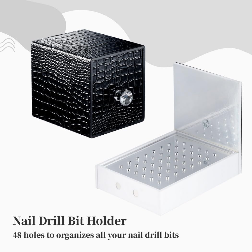 Soporte para brocas de uñas, estuche profesional para cabezal de molienda con luz LED, organizador de brocas de uñas, 48 ranuras de gran capacidad, caja de almacenamiento portátil de acrílico y piel