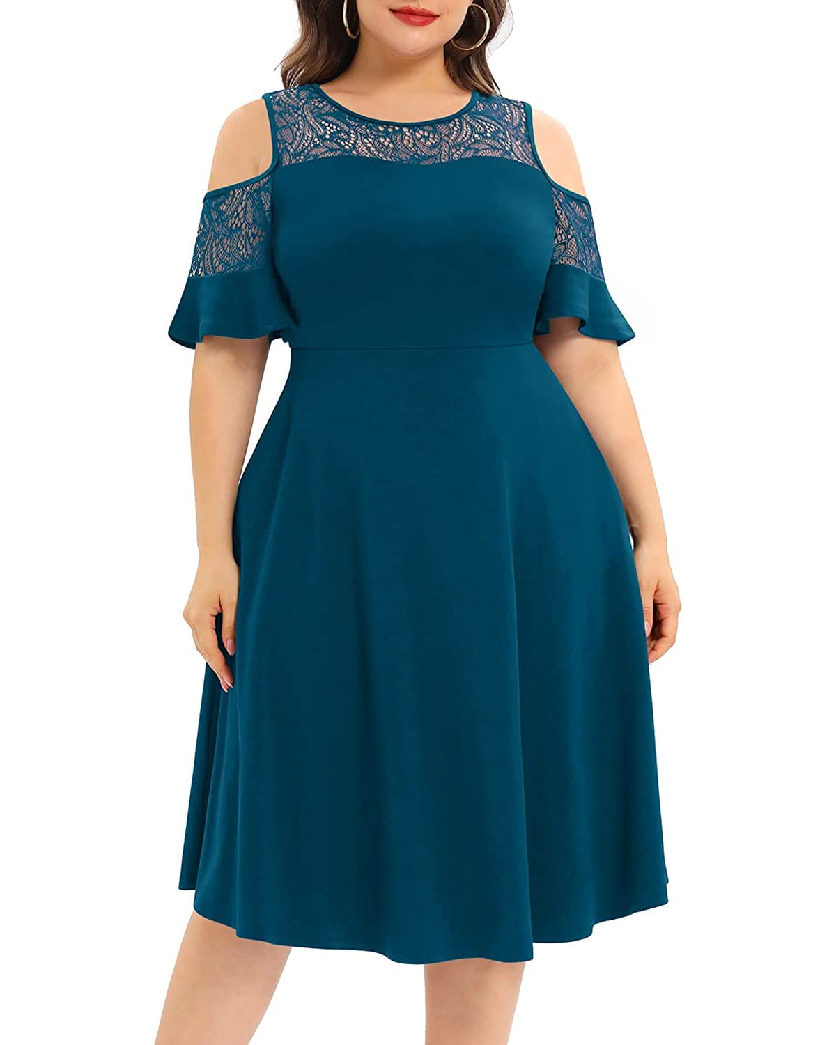 Pinup FashionPlus Size Cold Shoulder Mesh Neck Wedding Guest Swing Midi Dresses with Pockets