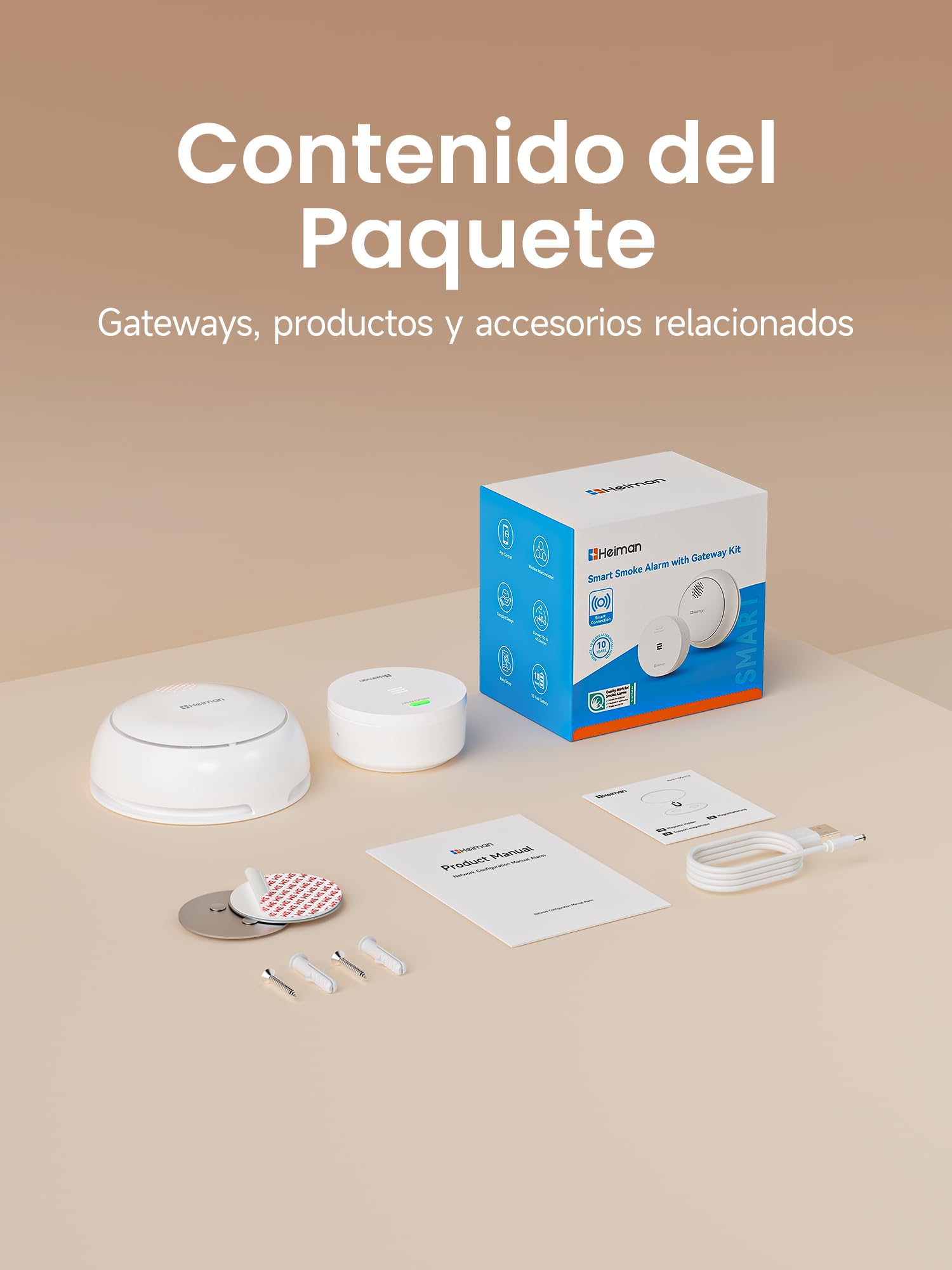 Heiman Detector de Humo Inteligente con Gateway y Control por App, Batería de 10 Años, Q-Label y EN 14604, Detector de Humo Inalámbrico Interconectado con Soporte Magnético, Alarma de Humo Smart Home