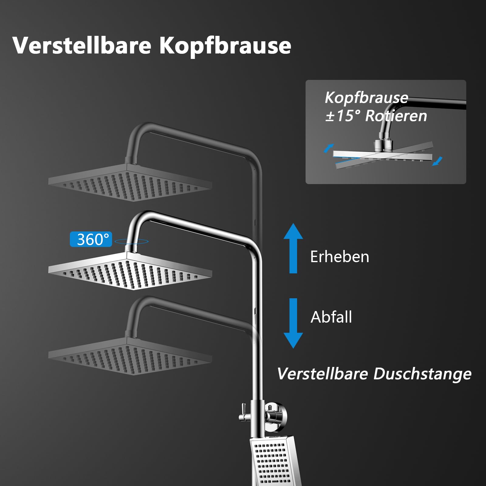 KOMIRO Duschset mit Armaturen, Duschsystem, Regendusche mit Einhebelmischer-Brausearmatur, verstellbarer Brausestange und quadratischem Duschkopf, Silber, Quadrat