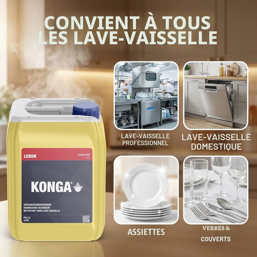 Konga Clean Dish – Nettoyant liquide pour lave-vaisselle professionnel avec dosage automatique (10 litres)