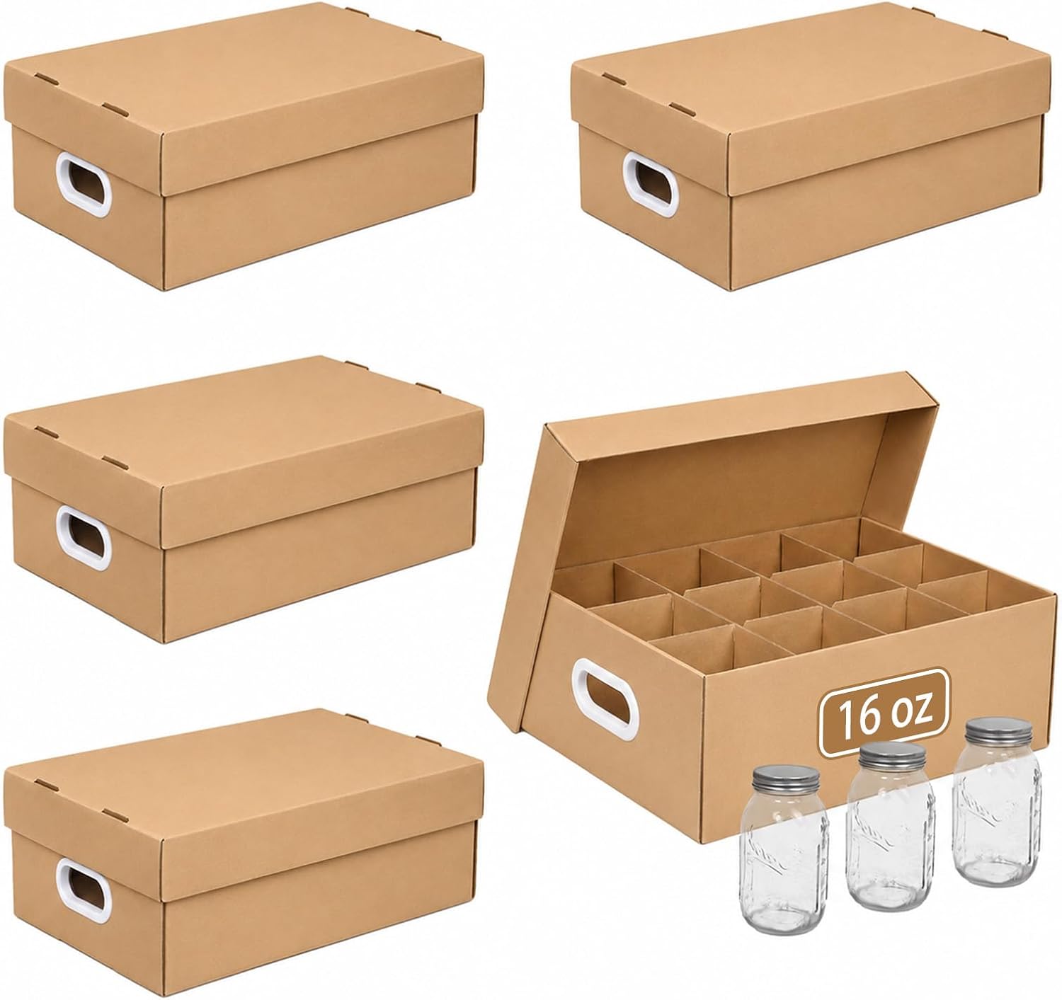 16oz Canning Jars 5 Pcs Mason Jar Storage Box, Cardboard Organizer with Handles and Divider, Stackable & Multipurpose (White)