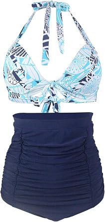 Honeystore Womens Retro 50s Halter High Waist Ruched Bikini Swimsuit