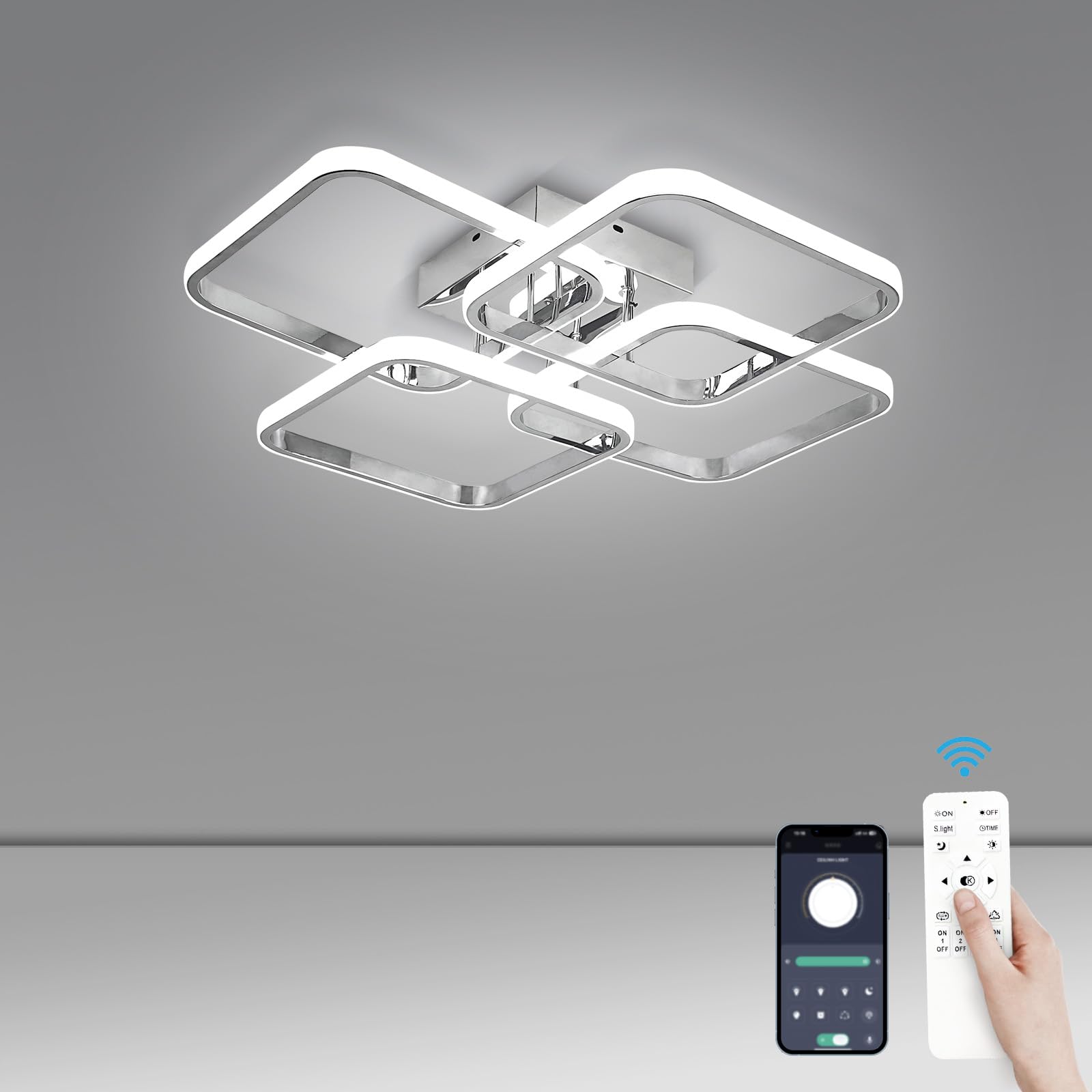 Dimmable Modern Led Ceiling Light, 4 Rings Square Ceiling Lamp with Remote Control, 48W Chrome Acrylic Ceiling Lighting Fixture for Living Room Dining Room Kitchen Office Lamps
