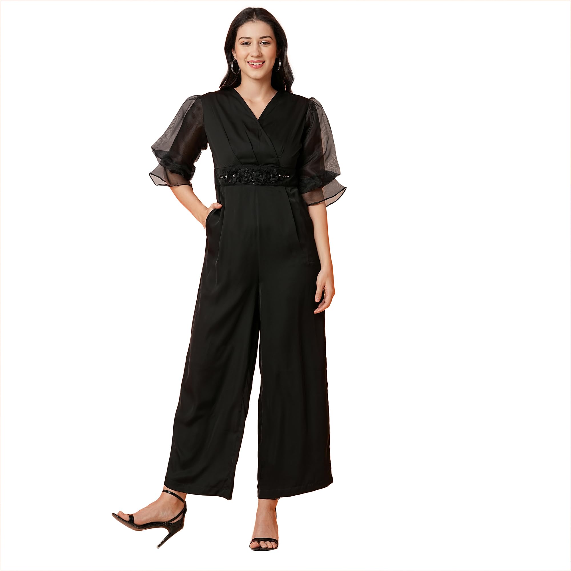 Women Floral Applique Waist Wrap Neck Puffed Sleeves Party Jumpsuit-image-12
