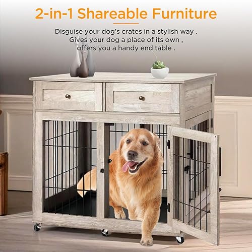 Miniatura 2 de Muebles de jaula para perros, perrera de madera para perros con divisor de habitación y bandeja, jaula para perros de habitaciones dobles, mesa de