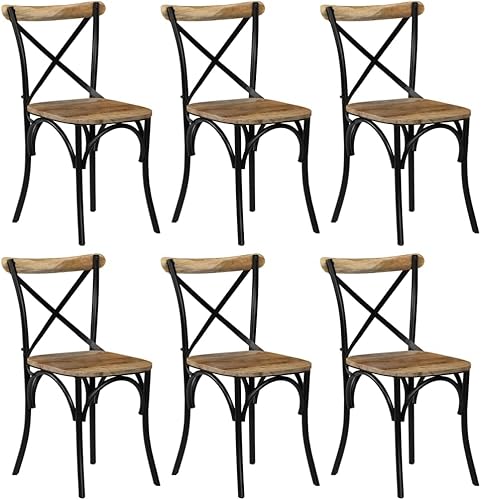 Juego de 6 sillas de comedor de madera de mango macizo negro con marco de acero, muebles de cocina de granja para comedor, comedor y tocador
