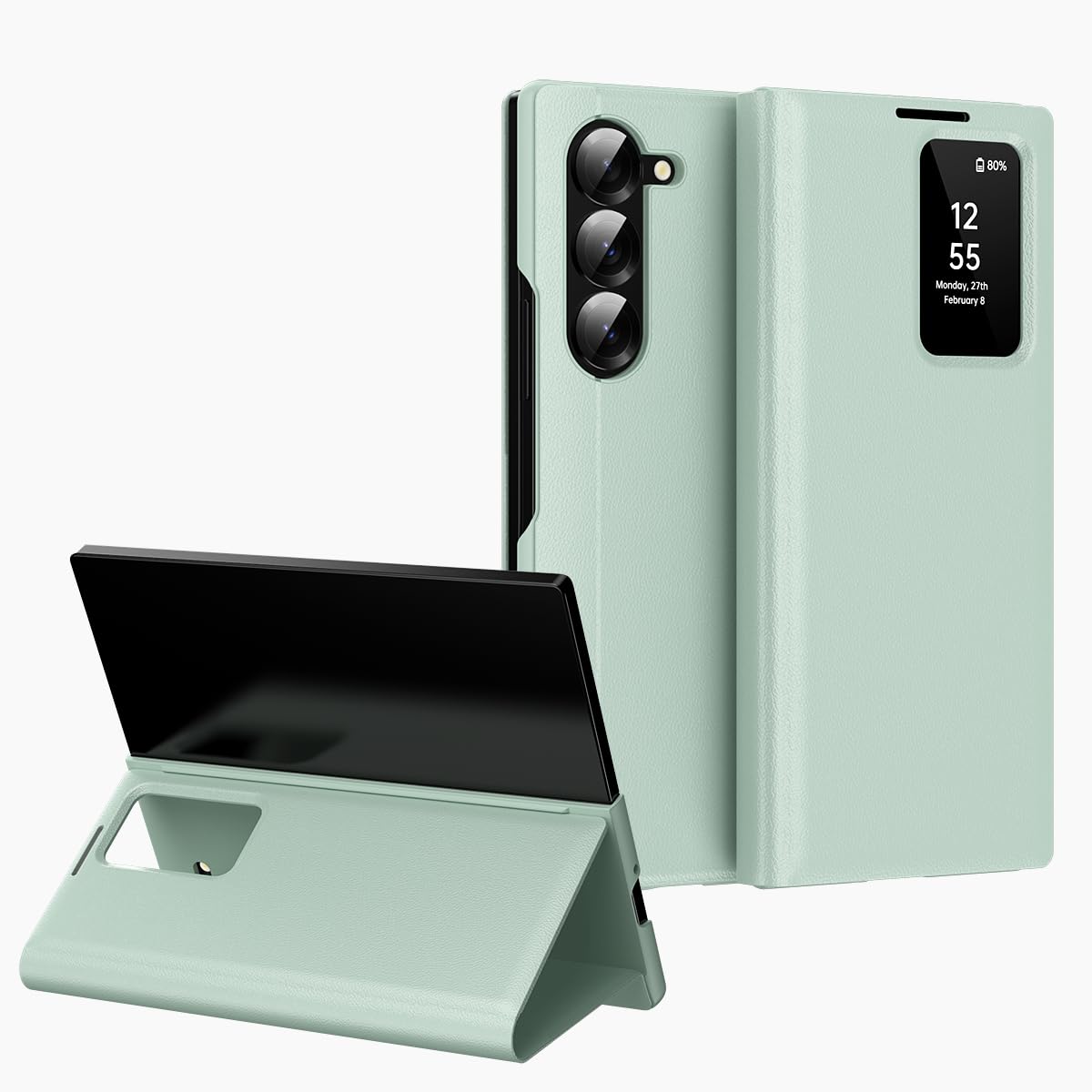 COQUE Etui do Galaxy Z Fold 5 Shell, Smart Window automatyczna sekretarka etui na telefon z 1 miejscem na karty, ekskluzywne skórzane etui ochronne do Samsung Galaxy Z Fold 5 5G zielone