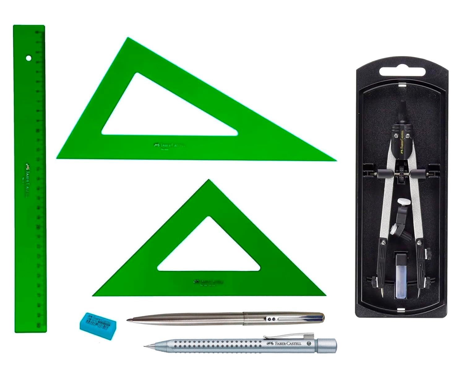 Pack Lotto Faber Castell Tecnico - Righello 813-30 Cms + Squadra 566-28 Cms + Cartabon 666-28 Cms + Baffo bussola con adattatore universale 32722-8 + Regalo