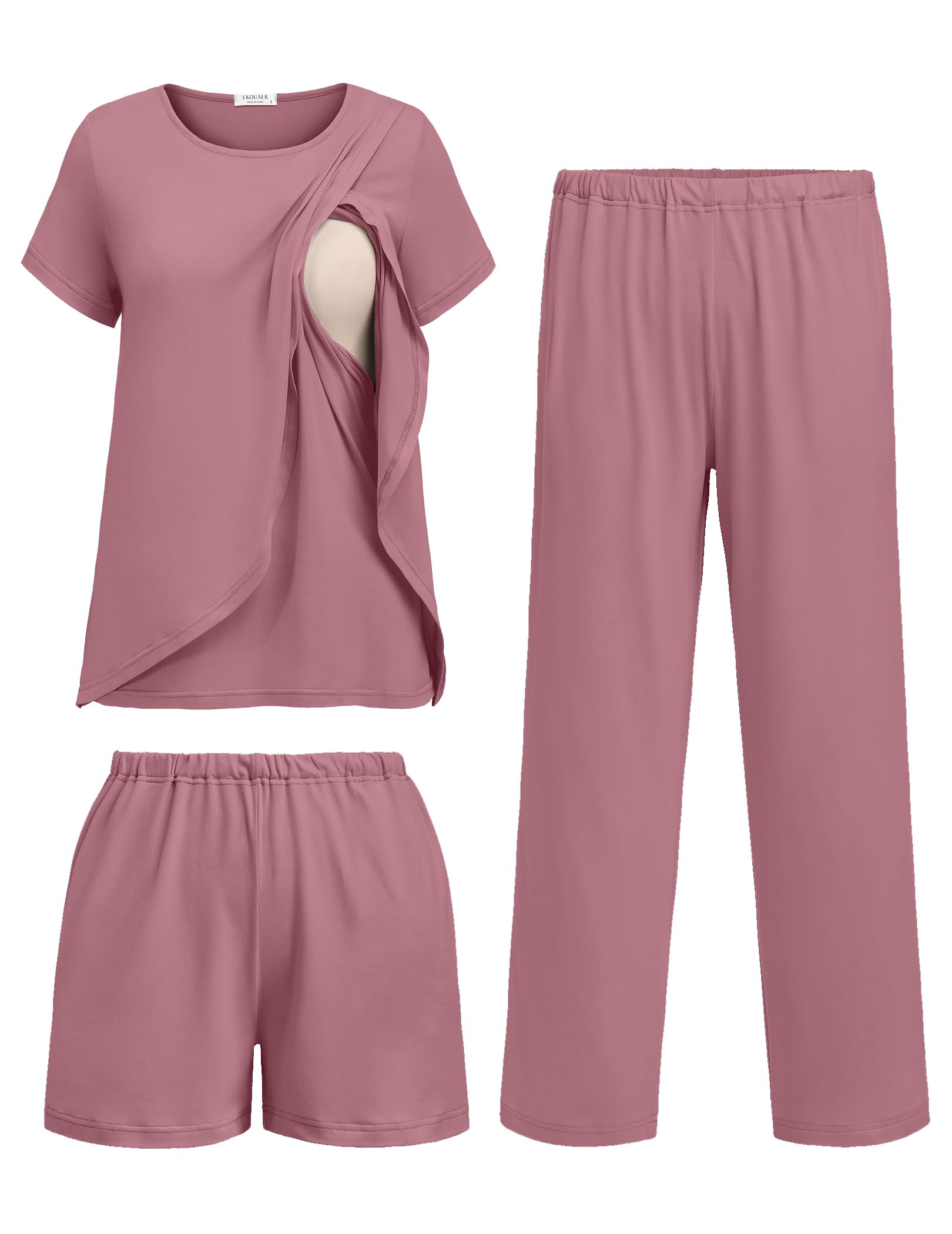 Ekouaer 3 PCS Maternity Nursing Pajamas Set Postpartum Breastfeeding PJS