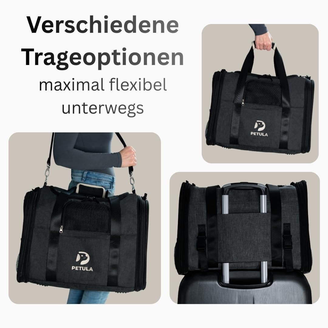 Petula Katzentasche & Hundetasche – Faltbare Katzentransporttasche für Katzen & kleine Hunde bis 13 kg – Formstabil, mit Innenmatte, Belüftung, Katzentransportbox, Transportbox (Schwarz)