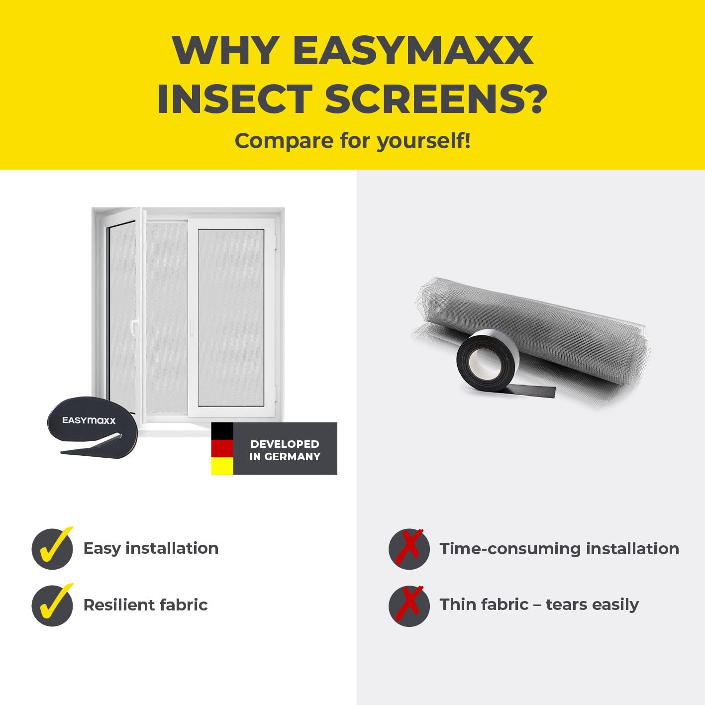 EASYmaxx Moskitiera okienna na okno, montaż bez wiercenia, możliwość przycięcia, ochrona przed owadami na okno do 150 x 180 cm, ochrona przed komarami, taśma na rzep, samoprzylepna, czarna