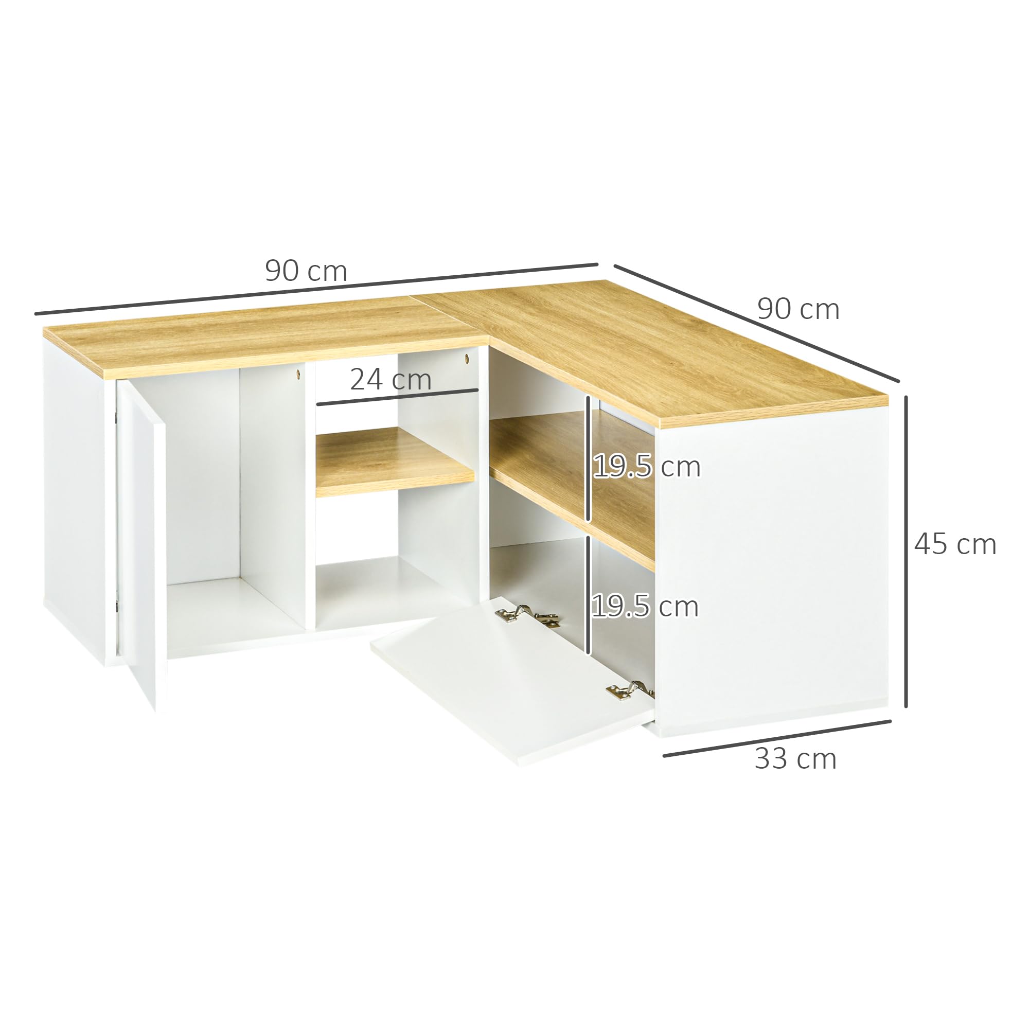 HOMCOM Mobile TV a L per TV da 40" con 3 Ripiani Aperti e 2 Armadietti, in Truciolato, 90x90x45 cm, color Rovere e Bianco