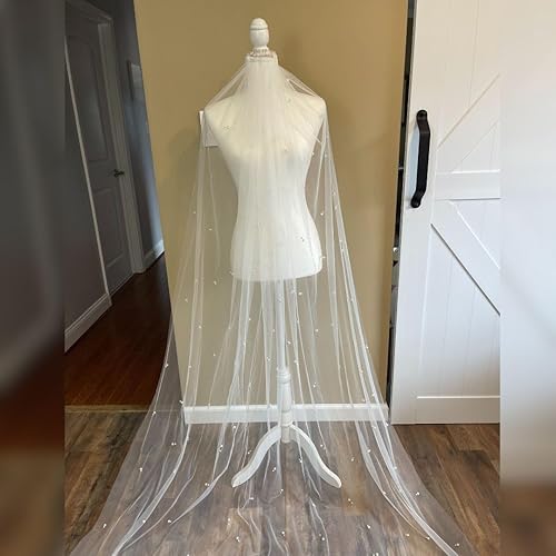Miniatura 7 de Bambi Elegant Bridal Cathedral Veil with Artificial Pearl Design - White, 118.1 inches Long