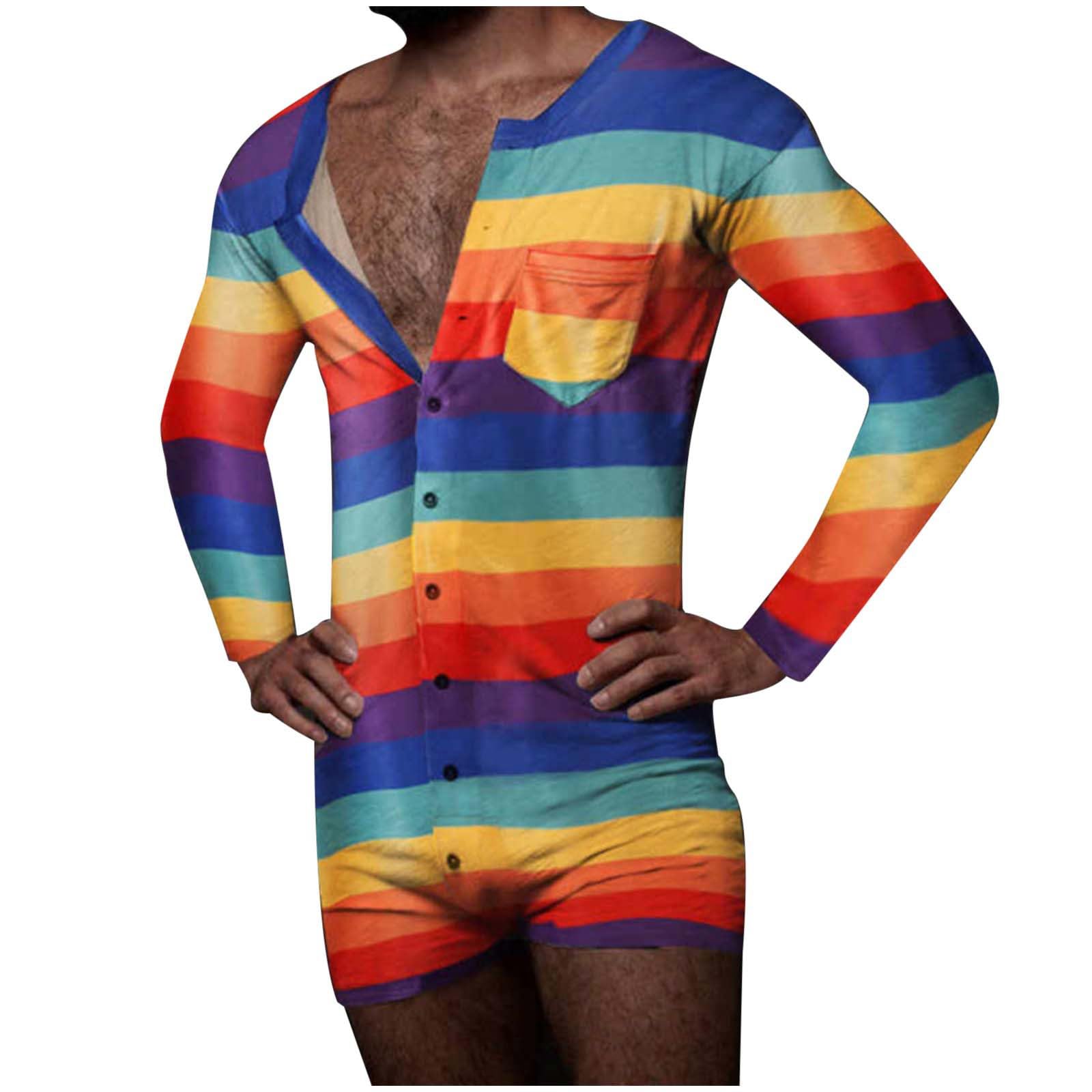 Jumpsuit Rainbow Men's Striped Bodysuit Casual Jumpsuit Summer Cotton Jogging Bottoms Short Trousers Long Sleeve Onesie Button Placket Pyjamas Jogging Suit Short Sleeve Stranpler Pyjamas