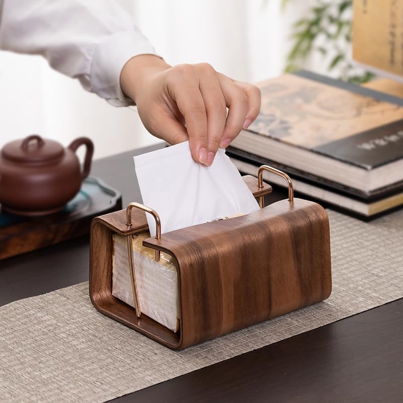 High end Wood Grain Tissue Box Holder, Desktop Tissue Dispenser with Metal Handle, Office Desk, Home Desktop Paper Drawer, Gift, Gift 6.29x4.72x3.54 inches