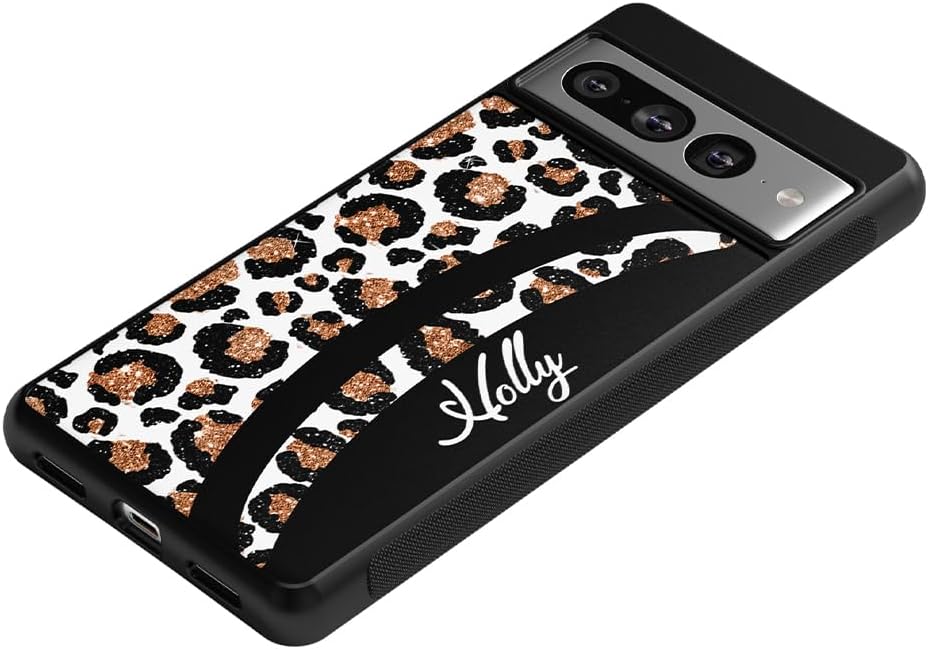 Leopard Skin Curvy White Gold Personalized Black Rubber Phone Case Compatible With Google Pixel 10, 10 Pro, 10 Pro XL, 9a, 9 Pro, Pixel 9, Pixel 9 Pro XL, 8a, 8 Pro, 8, 7, 6, 6a, 6 Pro, 5, 4