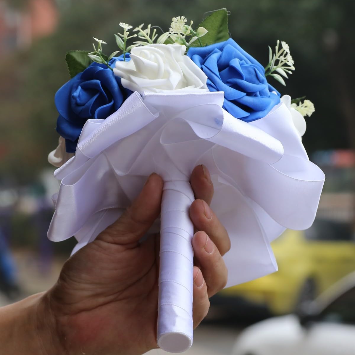 Mini Dainty Bouquet Toss for Wedding Artificial PE Fake Rose Round Flower Bunch for Bridesmaids Flower Girls(White & Royal Blue, 6.7")