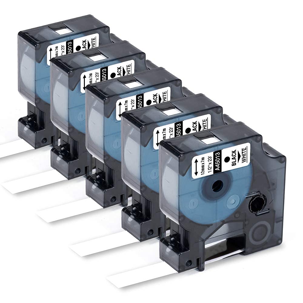 5-Pcs Compatible 12 mm x 7 meter - 1/2 inch x 23 feet Black on White Dymo D1 Label Tape refills 45013 S0720530 for for Dymo Label Manager LM 160 LM 280 PnP LM 360D Label writer 450 Duo