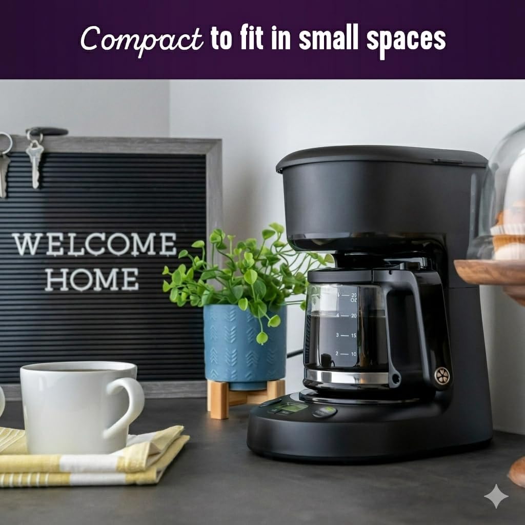 5-Cup Programmable Coffee Maker - Ergonomic Carafe Designed For Easy Pouring And Handling With Ounces Markings For Better Measuring, Compact Design That Fits Nicely Into Small Spaces.