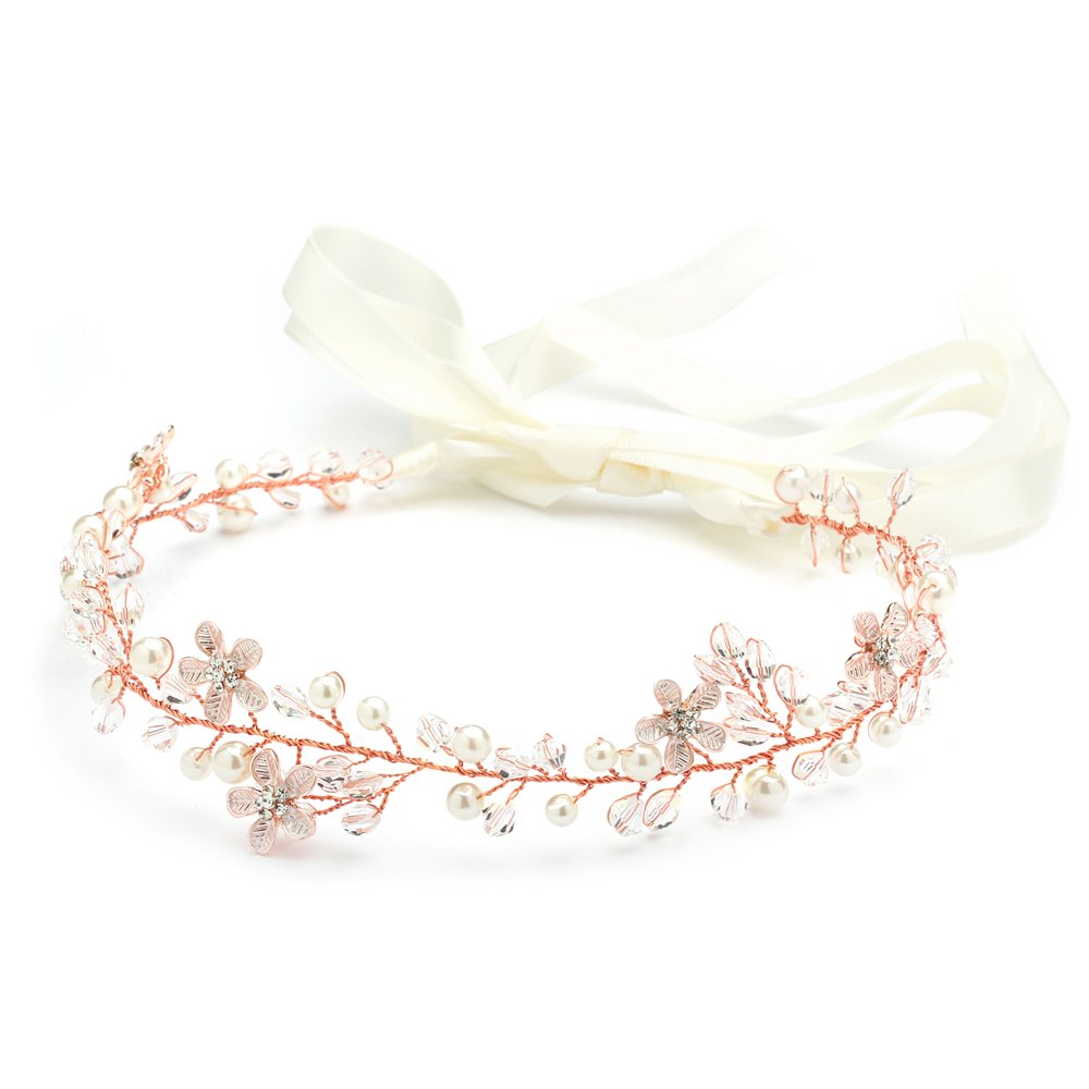 Mariell Crystal Rose Gold Bridal Wedding Headband Vine - Flowers, Ivory Pearls & Ribbon