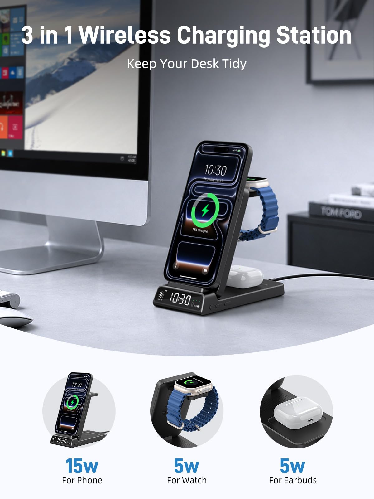 Chargeur sans Fil pour Apple, Station de Charge magnétique 3 en 1 avec Horloge, Support de Charge sans Fil de Voyage Pliable pour iPhone 17/16/15, Chargeur de Montre pour iWatch 10 (Fibre de Carbone)