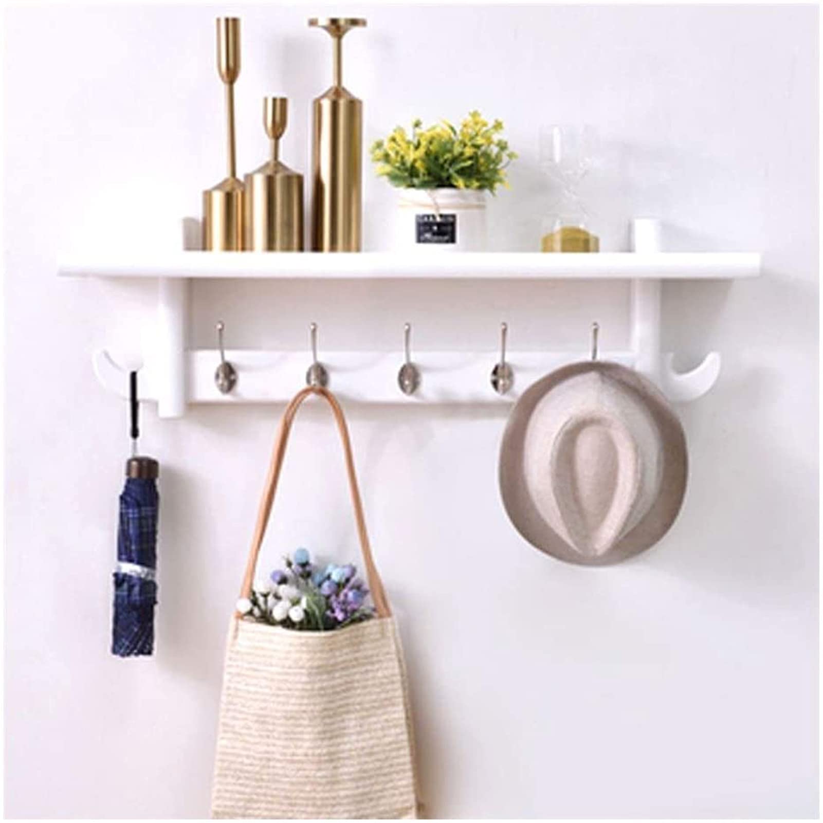 SVFOEBJM Coat Hooks with Wooden Shelf - Wall Mounted Coat Rack with Metal Hooks for Entryway, Kitchen, or Bathroom - Versatile Hat Rack and Coat Hanger