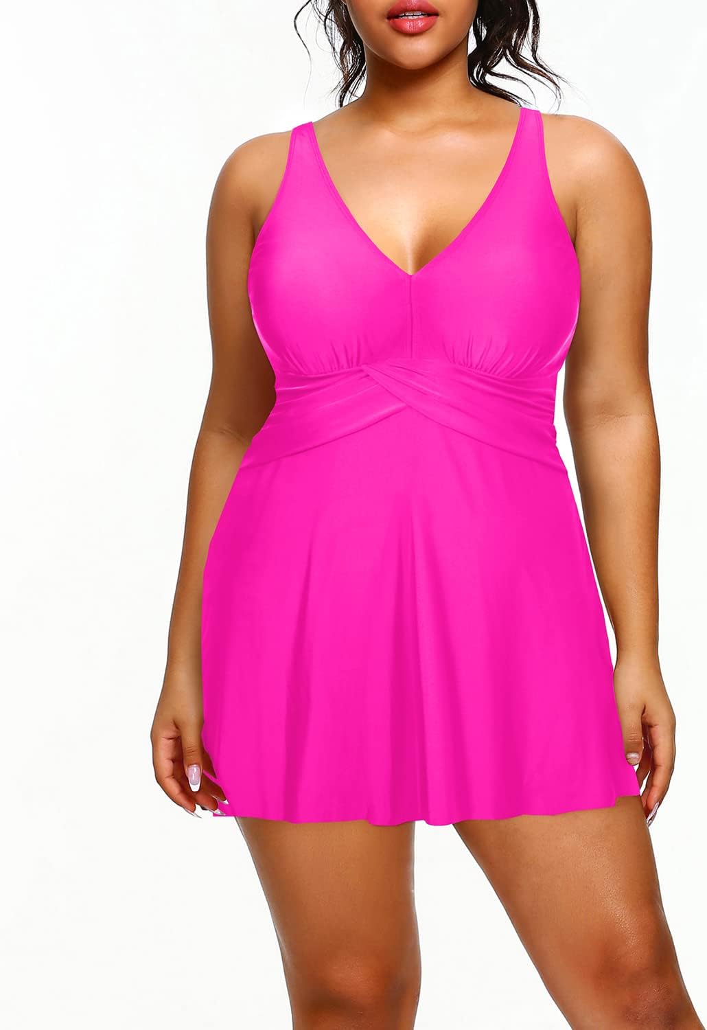 Holipick Plus Size Swim Dress Women - One Piece Swimsuit with Skirt V Neck Tummy Control Bathing Suit