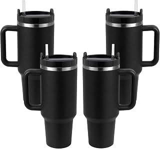 Pandance 4 Pack 40 oz Tumbler with Handle and Straw Bulk, Black | Stainless Steel Vacuum Insulated Travel Mug, Sturdy Screw-on lid, Cup Holder Friendly, Large Capacity Cup For Iced Coffee
