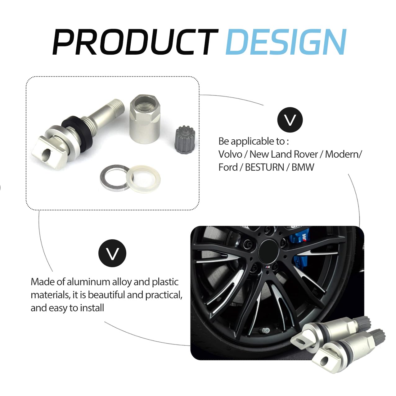 Lot de 4 tiges de valve à clipser pour TPMS - Système de surveillance de la pression des pneus - Système de surveillance de la pression des pneus - Tiges de valve anti-explosion - Outil pour voitures